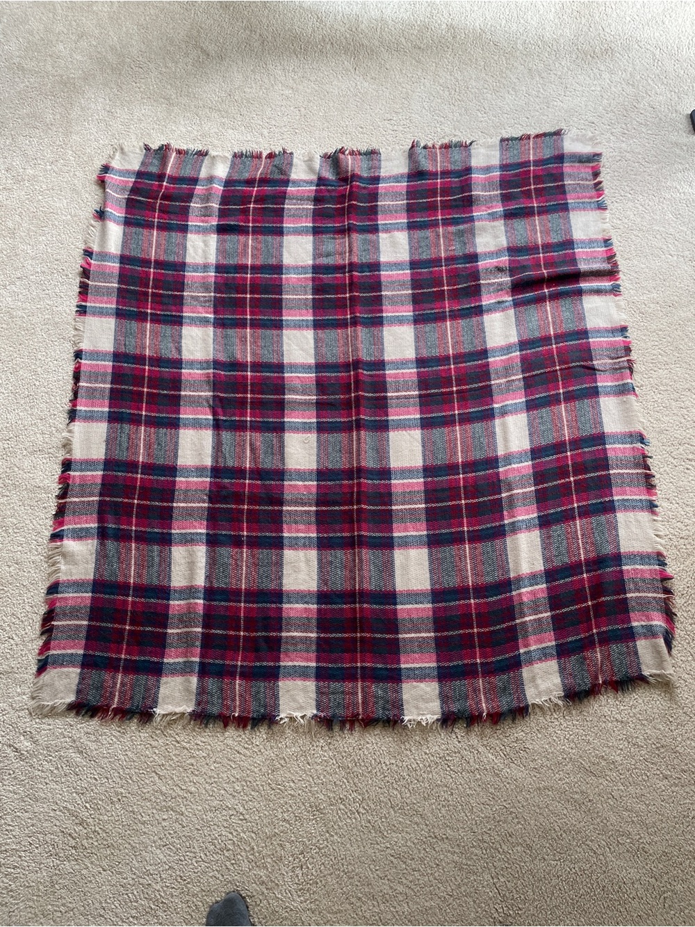 Plaid Fringe Blanket Scarf 54” x 48” - Ivory, Navy & Burgundy